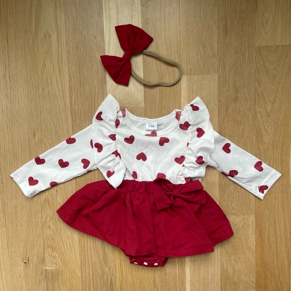 Adorable Heart Print Baby Dress with Headband
